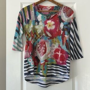 Atelier5 Floral & Striped Watercolor Print Notch-Neck 3/4 Sleeve Tee Shirt / Top